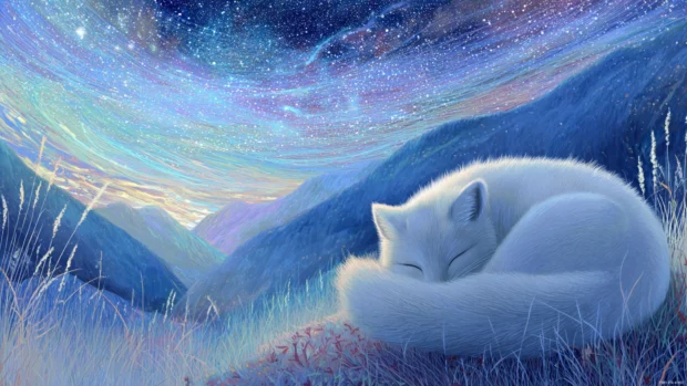 A dreamlike landscape with an Arctic Fox sleeping under the stars, curled tight, peaceful and delicate glow.