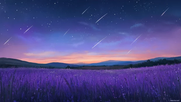 A dreamlike lavender meadow stretches into the horizon as shooting stars arc gracefully across the dusk sky.