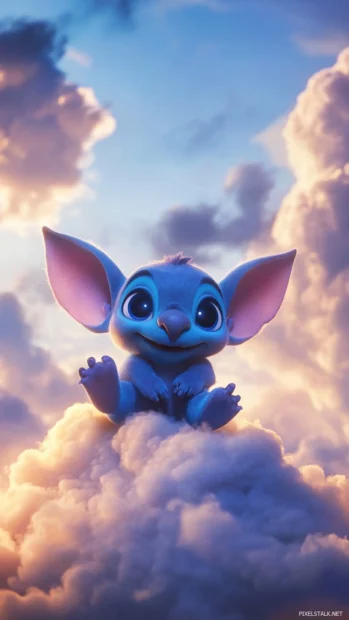 A dreamy 3D Stitch floating on a cloud with delicate lighting effects.