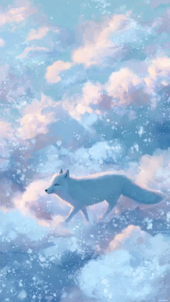 A dreamy Arctic Fox rendered in pastel colors walking across clouds of mist and light snow, gentle vertical design.