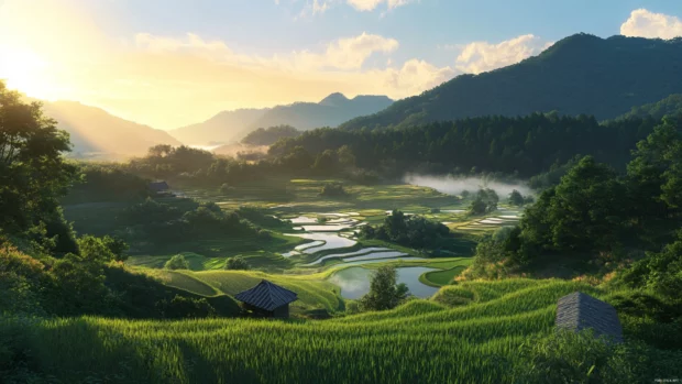 A dreamy Japan countryside desktop wallpaper with rolling hills and rice terraces.