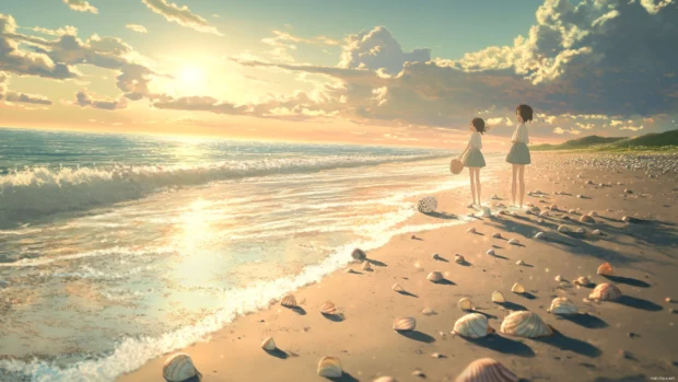 A dreamy Japanese beach scene where anime characters collect seashells along soft sandy shores.