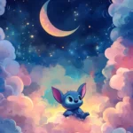 A dreamy aesthetic design with Stitch surrounded by moons and pastel clouds.