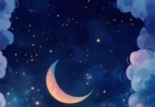 A dreamy aesthetic design with Stitch surrounded by moons and pastel clouds.