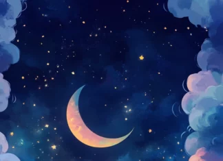 A dreamy aesthetic design with Stitch surrounded by moons and pastel clouds.