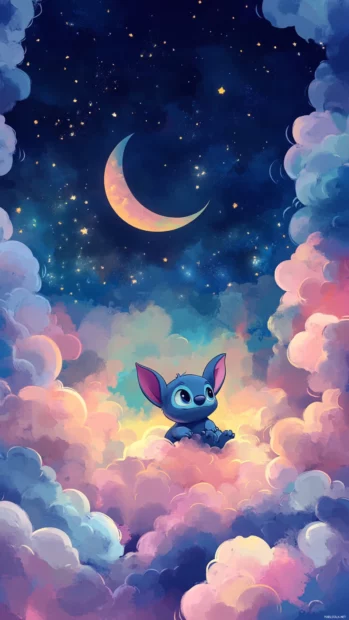 A dreamy aesthetic design with Stitch surrounded by moons and pastel clouds.