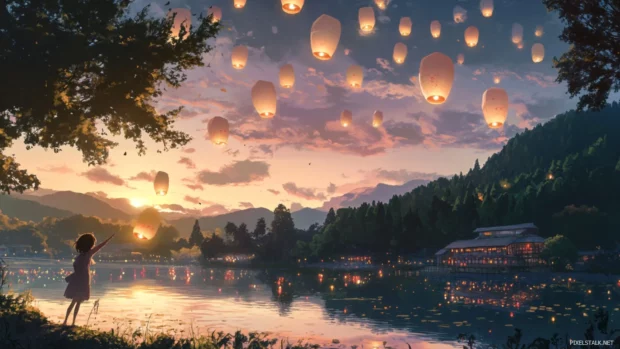 A dreamy anime scene of a girl releasing paper lanterns on a lake during a Japanese festival.
