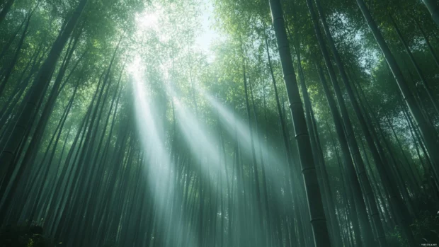 A dreamy bamboo forest in Japans Arashiyama with soft rays of sunlight streaming through the tall stalks.