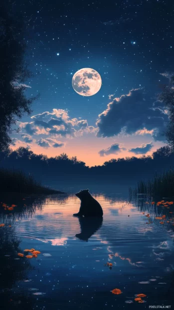 A dreamy bear silhouette reflected in a still lake under a moonlit sky.