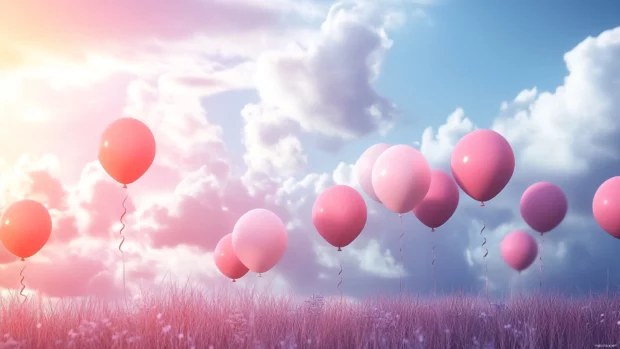 A dreamy birthday balloon field with soft gradients and fluffy clouds.