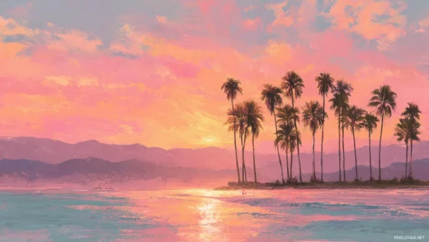 A dreamy coastline with palm trees standing against a glowing pink sunset filled with serene light.