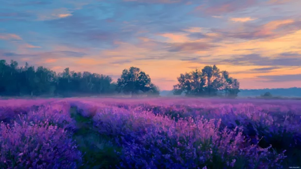 A dreamy field glowing in lavender color under golden evening light.