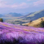 A dreamy landscape with rolling hills covered in soft Lavender flowers.