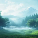A dreamy mist filled morning where Mount Fuji slowly emerges from the fog above a peaceful valley.