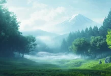 A dreamy mist filled morning where Mount Fuji slowly emerges from the fog above a peaceful valley.