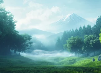 A dreamy mist filled morning where Mount Fuji slowly emerges from the fog above a peaceful valley.