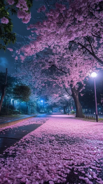 A dreamy night scene with Japanese cherry blossom petals glowing softly under moonlight.