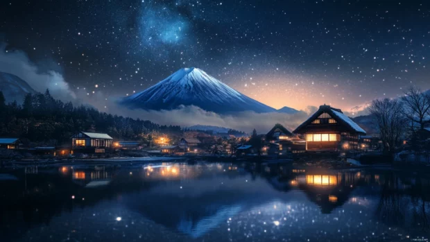 A dreamy night sky over Japan where twinkling stars and the Milky Way arch above calm landscapes.