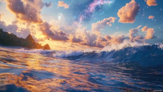 A dreamy ocean view where giant waves reflect a sky teeming with distant galaxies and meteor showers.