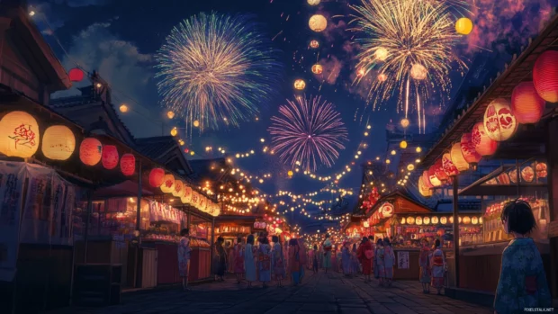 A dreamy pastel Cute Japan festival night with colorful stalls, yukata outfits and fireworks lighting up the sky.