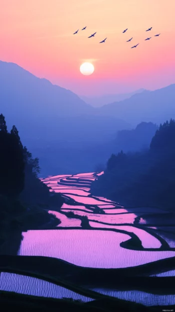 A dreamy pastel sunrise over Japan rice terraces where water glistens and birds sing softly.