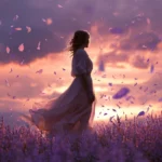 A dreamy portrait of a lavender garden at sunset, petals caught in the breeze.