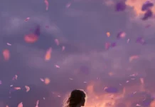 A dreamy portrait of a lavender garden at sunset, petals caught in the breeze.