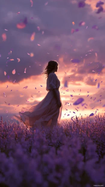 A dreamy portrait of a lavender garden at sunset, petals caught in the breeze.
