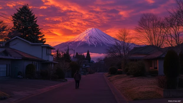 A dreamy scene of Mount Fuji at sunset where orange and purple skies meet the snowy peak.
