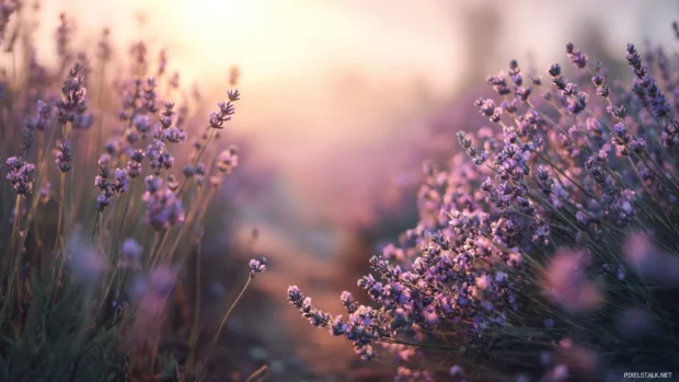 A dreamy scene of lavender flowers in a field at golden hour with soft focus.