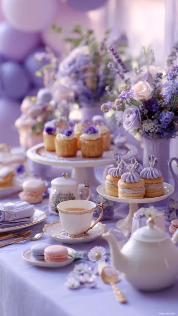 A dreamy tea party setup with Cute Lavender tones and miniature desserts.