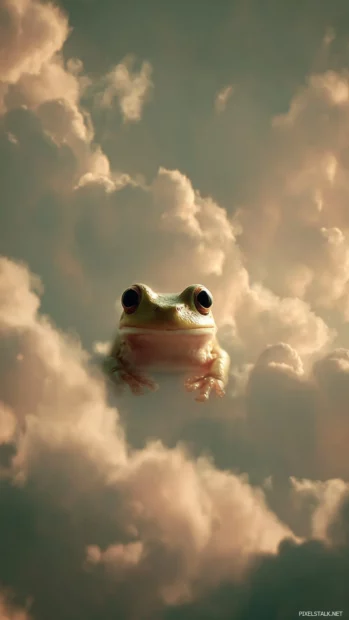 A dreamy vertical composition with a Cute Frog floating in the clouds, soft light and peaceful expression.