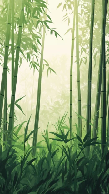 A dreamy view of a Japan bamboo forest where tall green stalks sway quietly in the breeze.