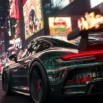 A dynamic Porsche close up as it speeds past glowing city billboards in an anime world.