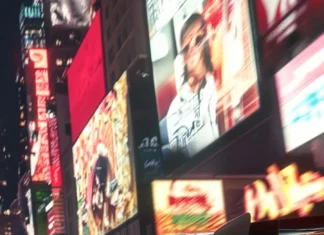 A dynamic Porsche close up as it speeds past glowing city billboards in an anime world.