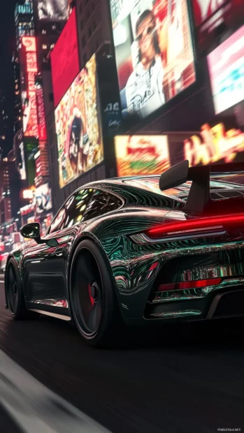 A dynamic Porsche close up as it speeds past glowing city billboards in an anime world.