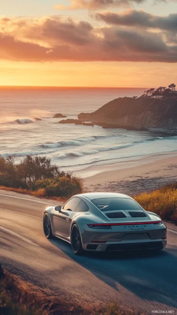 A dynamic Porsche iPhone wallpaper showing a Carrera racing along the coastline.