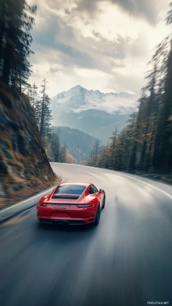 A dynamic angle of Porsche slicing through a forested mountain pass with motion blur.