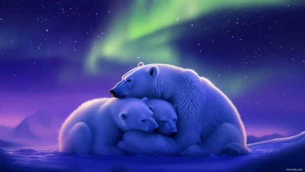 A family of Polar Bears cuddling together for warmth under an aurora lit sky.