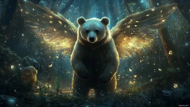 A fantasy bear with ethereal wings standing in a dreamlike glowing forest.