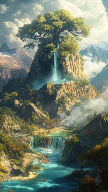 A fantasy landscape on Earth blending forests, deserts and oceans.