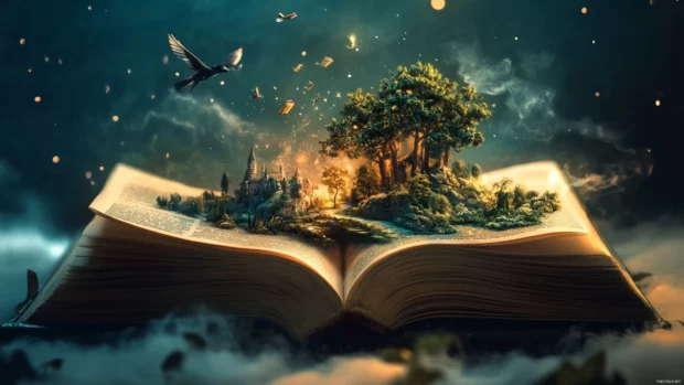 A fantasy scene emerging from the pages of an open Book.