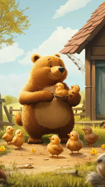 A farm scene where a Cute Bear feeds baby chicks.