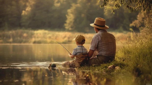 A father and child enjoying their time fishing by a countryside pond.