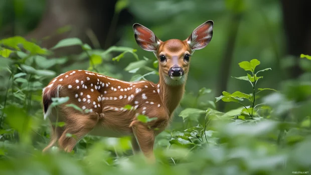 A fawn curiously exploring a forest glade.
