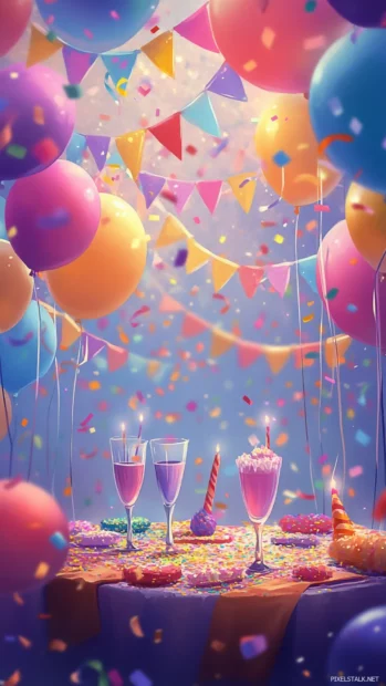 A festive birthday iPhone wallpaper capturing a lively party scene with balloons, streamers, and a birthday banner.