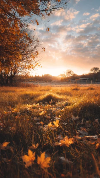 A field blanketed in soft grass and sprinkled with crisp Fall leaves under a golden sky.