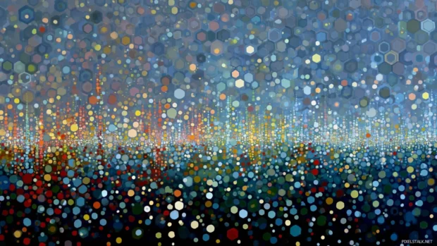 A field of Geometric dots and polygons fading into depth with a sense of space.