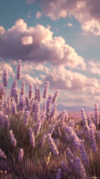 A field of blooming lavender under a cotton candy sky, soft light and warm tones.