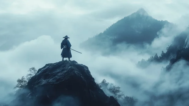 A fierce Japanese samurai standing on a misty mountain ridge with his katana drawn.